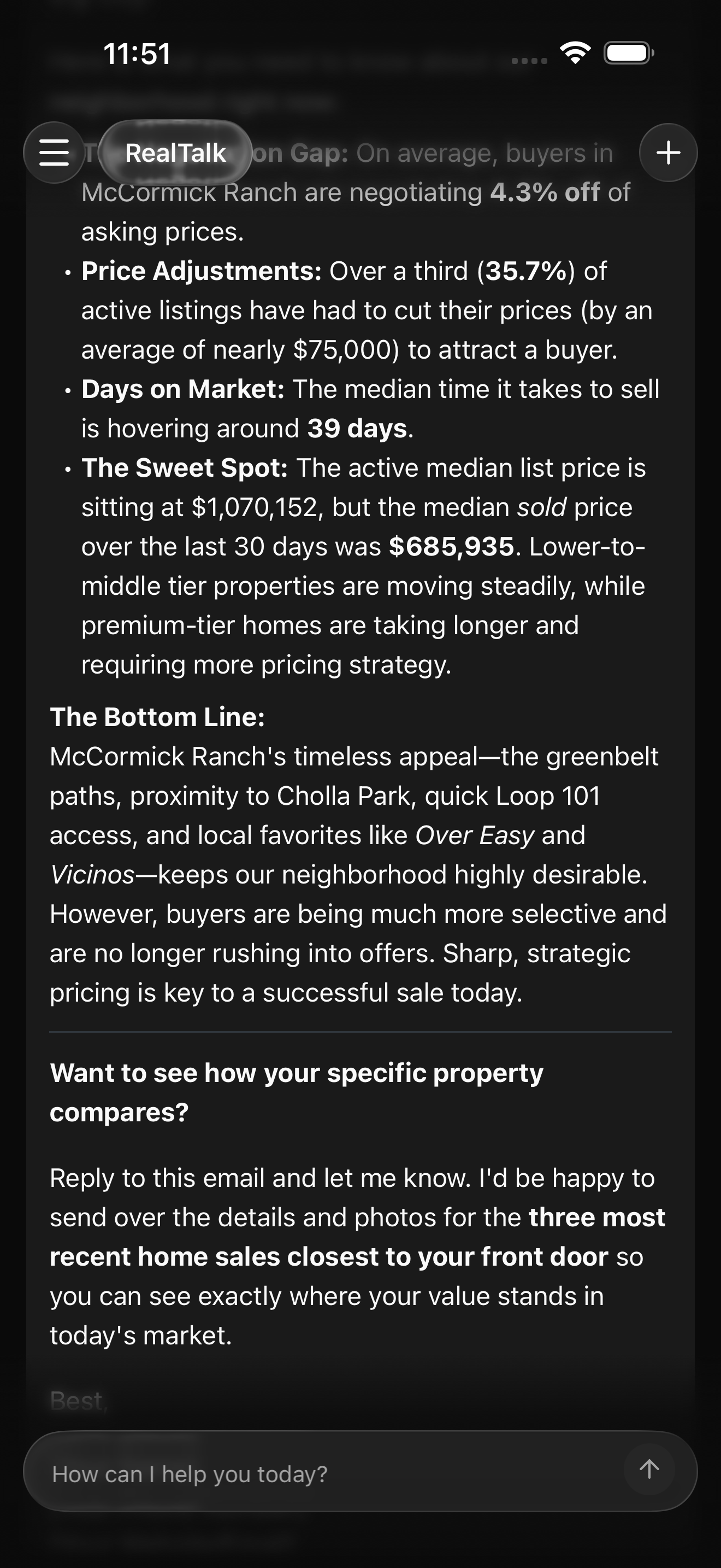 RealTalk chat thread showing the approved neighborhood update rewritten as a short email to past clients. The visible draft keeps the market takeaway and local context and ends with a clear call to action inviting the reader to ask how their home compares with the most recent nearby sales.