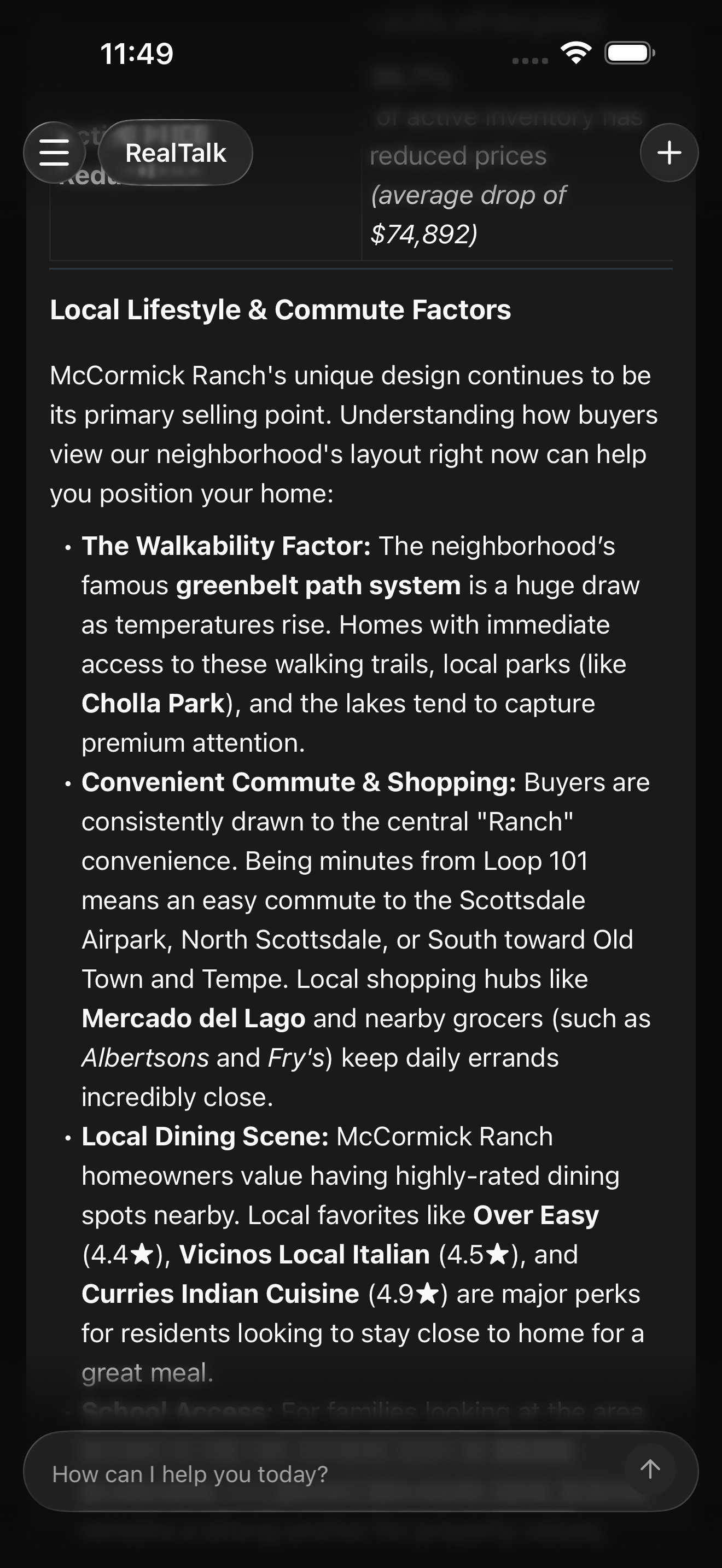 RealTalk chat thread showing a revised market update with neighborhood context added. The visible text references local amenities, landmarks, commute or lifestyle details, and notes where the agent should verify any local specifics. The draft still includes the market takeaway and keeps the local details integrated into the narrative. Likely needs demo data adjusted so the neighborhood detail looks realistic.