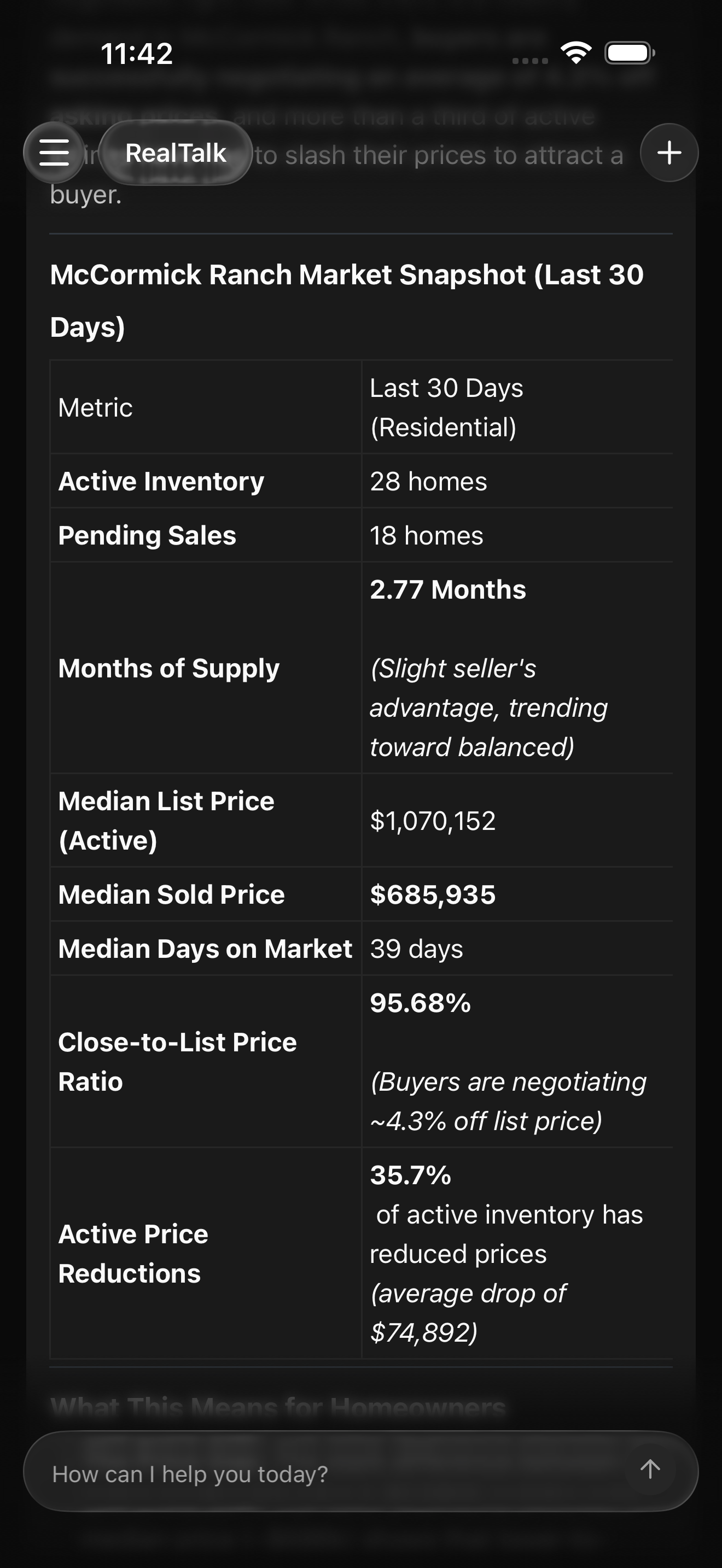 RealTalk chat thread showing the response to the combined request: the real market numbers RealTalk pulled for the neighborhood (active inventory, median list and sold price, days on market, price reductions, months of supply, recent closings versus asking) followed by a short first-draft update written in plain English that leads with the main takeaway.