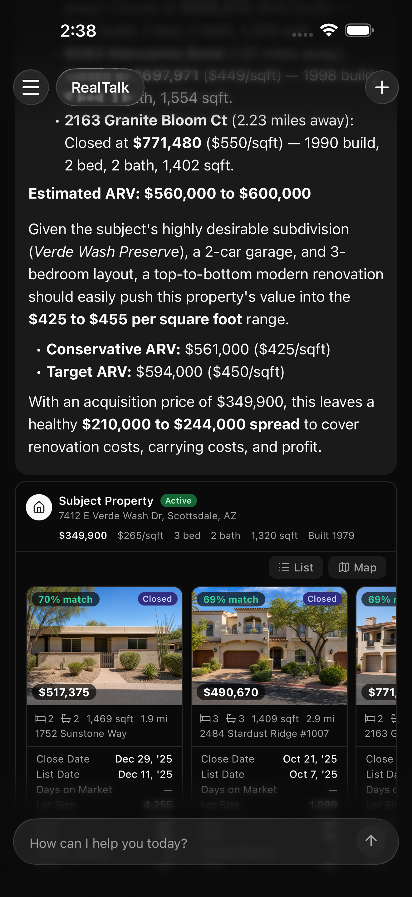 Chat reply for a selected flip candidate after the agent types '[address] looks promising. Pull comps and estimate ARV. Also let me know if there are any red flags in the SPDS'. The response shows comparable sold and active listings ranked by similarity, a supported after-repair value (ARV) estimate, and a short summary of any red flags found in the seller disclosure (SPDS). The subject address is visible in the prompt.