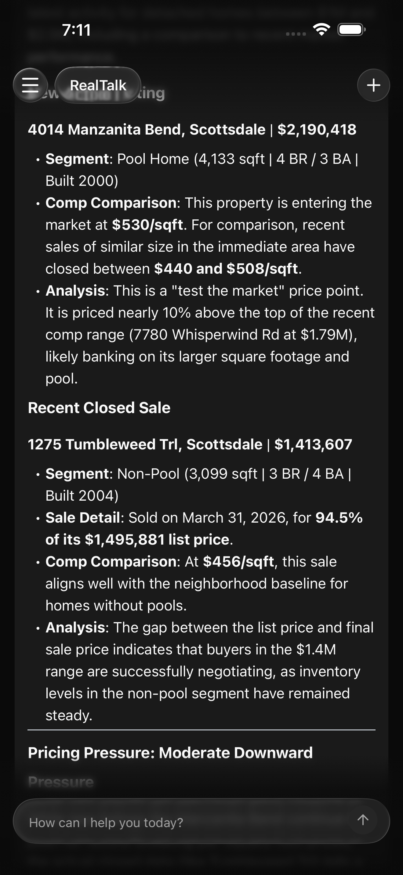 RealTalk alert or chat reply after a scheduled farm watch has found new MLS activity inside Legend Trail. The screen shows a sample new listing and a sample closed comp inside the farm, with visible address cards, list or sold price, days on market, price per square foot compared with recent neighborhood activity, and a short plain-English interpretation after the assistant has finished responding.