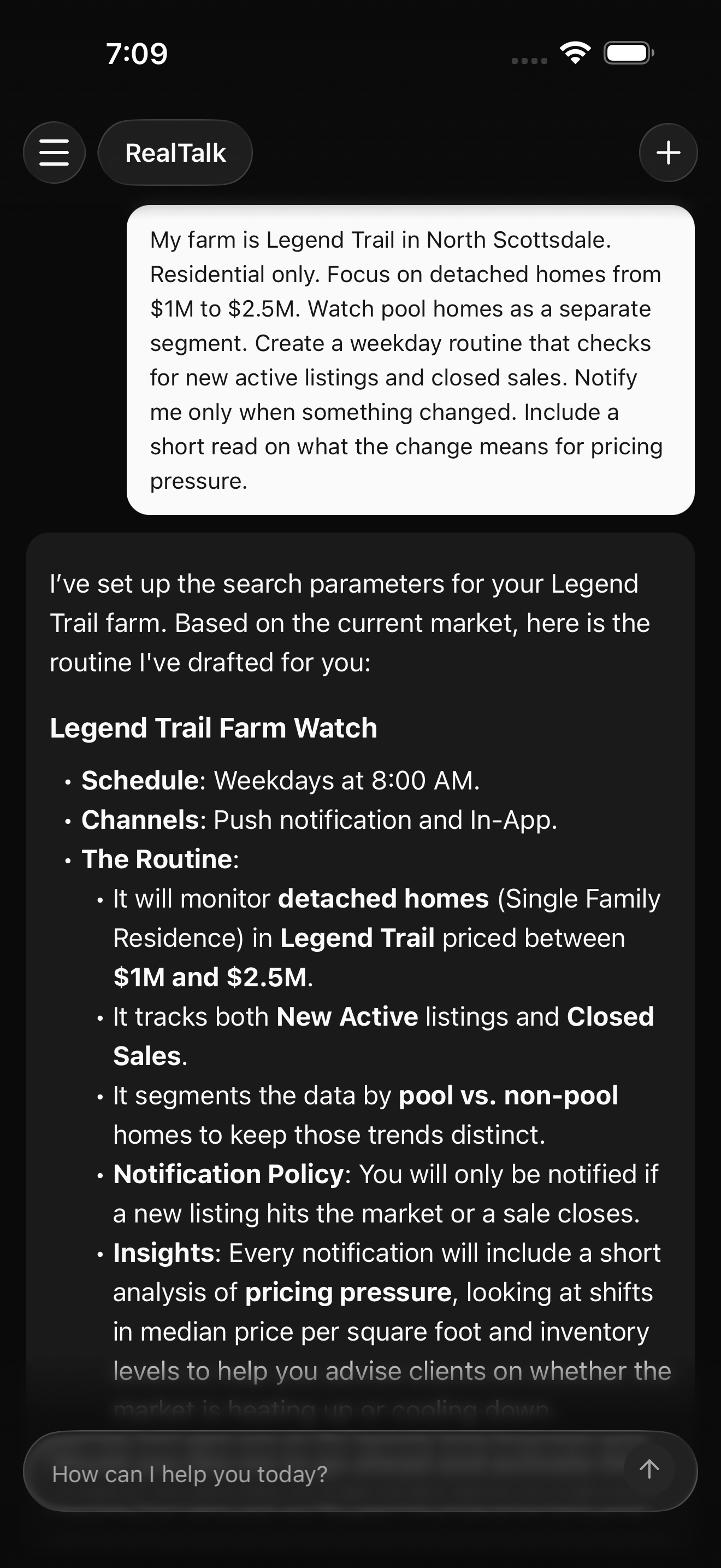 RealTalk chat thread after the assistant has finished responding to a prompt defining a Legend Trail farm. The visible confirmation includes the neighborhood, detached-home price range, a separate pool-home segment, the weekday schedule, the notification rule, and summary fields such as new active listings, closed sales, and pricing pressure.
