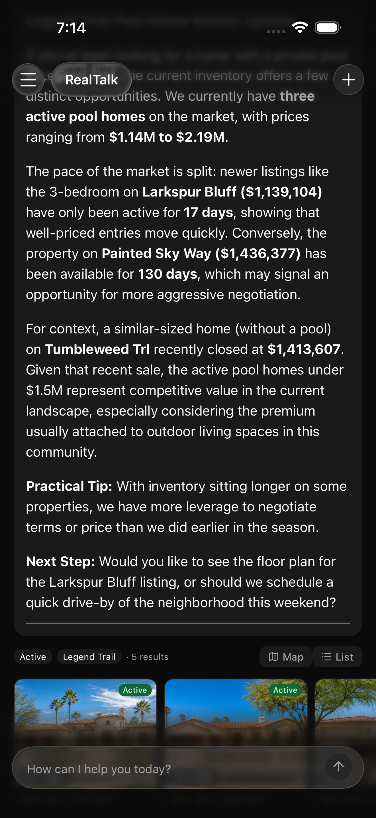 RealTalk chat thread showing a prompt for a Legend Trail pool-buyer update and the completed response. The visible reply includes active pool-home inventory, days-on-market commentary, recent closed-sale context, and a client-ready email draft with a practical next step.