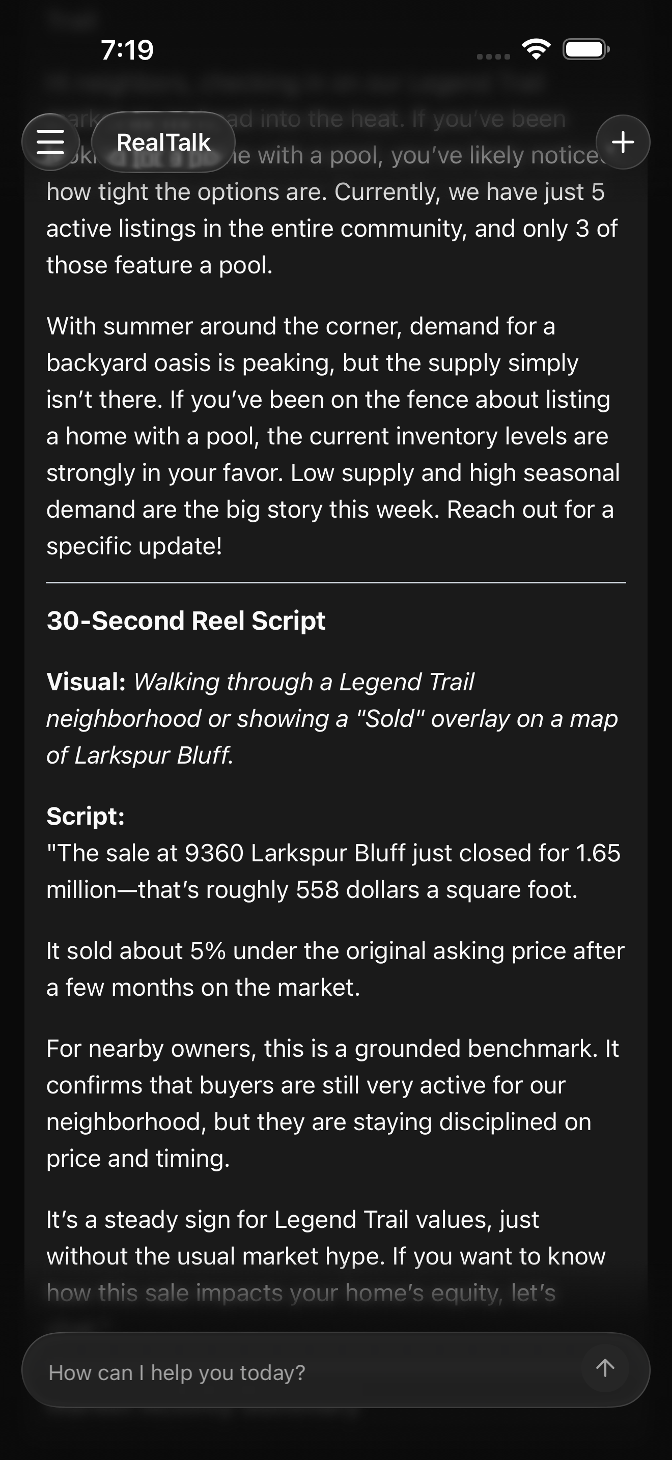 RealTalk chat reply with local social content drafted from Legend Trail farm market activity. The visible output includes a short Nextdoor or neighborhood Facebook post plus a 30-second Reel or TikTok script, both anchored to a specific recent sale or inventory shift, with a source market fact shown near the top after the assistant has finished responding.