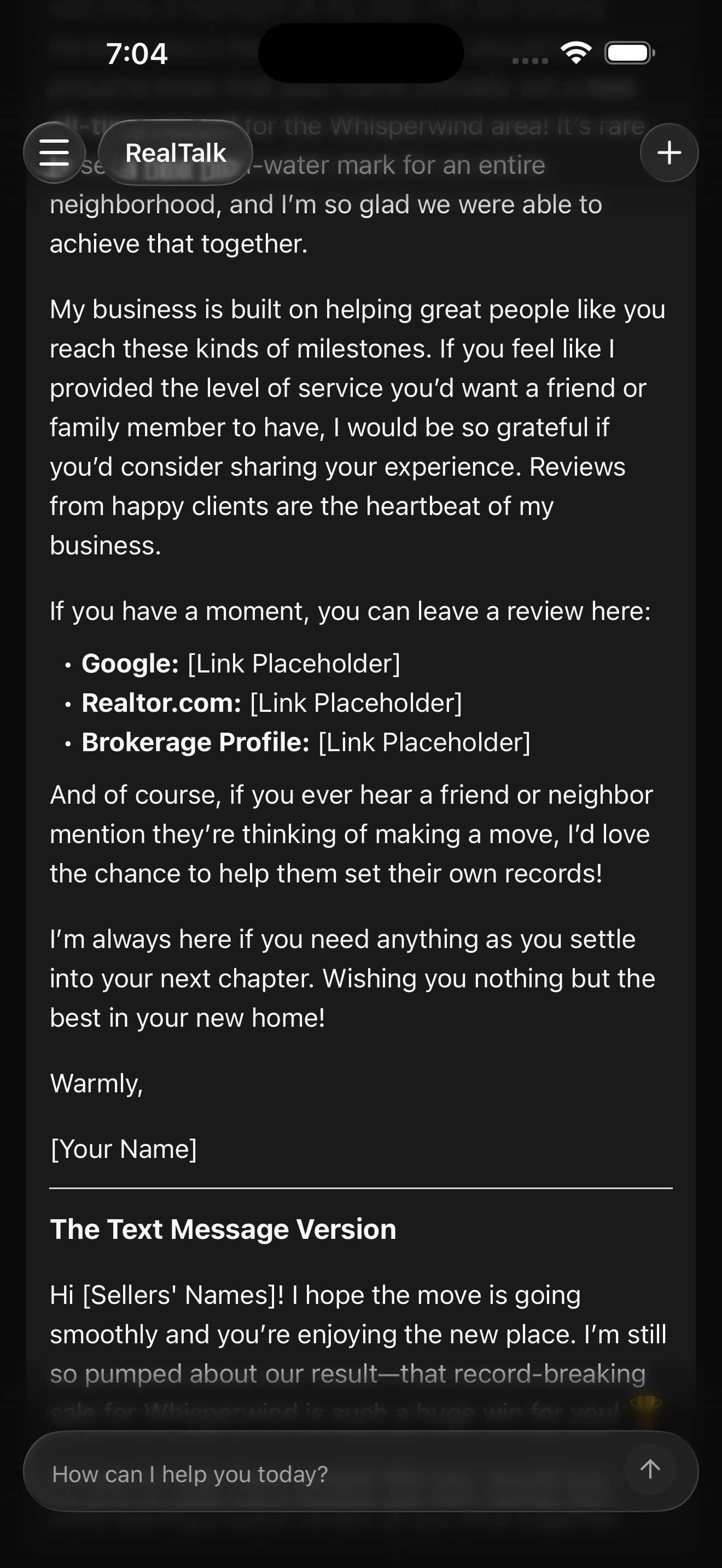 A still RealTalk chat screenshot showing a completed warm post-closing email draft asking for reviews and referrals. The email includes a subject line, gratitude language, a reminder that the sale set a neighborhood or building record, and placeholder links for Realtor.com, Google, and a brokerage profile. A shorter text message version is visible underneath the email when possible.