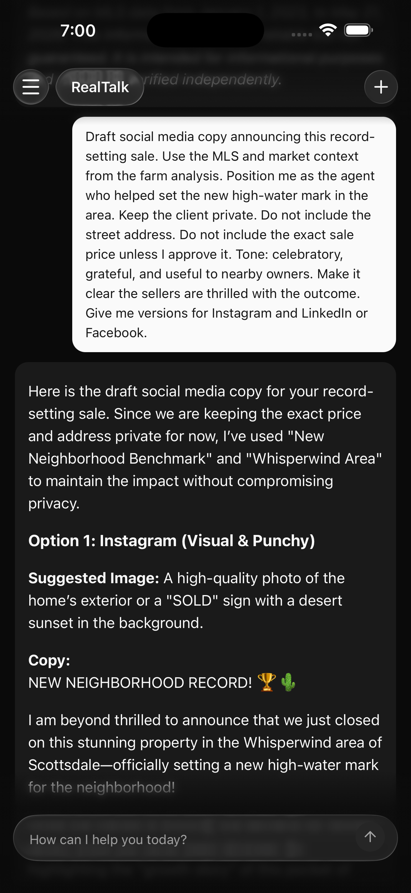 A still RealTalk chat screenshot showing finished social media draft copy for the record-setting sale. The visible response includes versions for Instagram and LinkedIn or Facebook, with language that calls out a new neighborhood high-water mark, keeps the street address private, avoids the exact price unless approved, and frames the sellers as thrilled with the outcome.