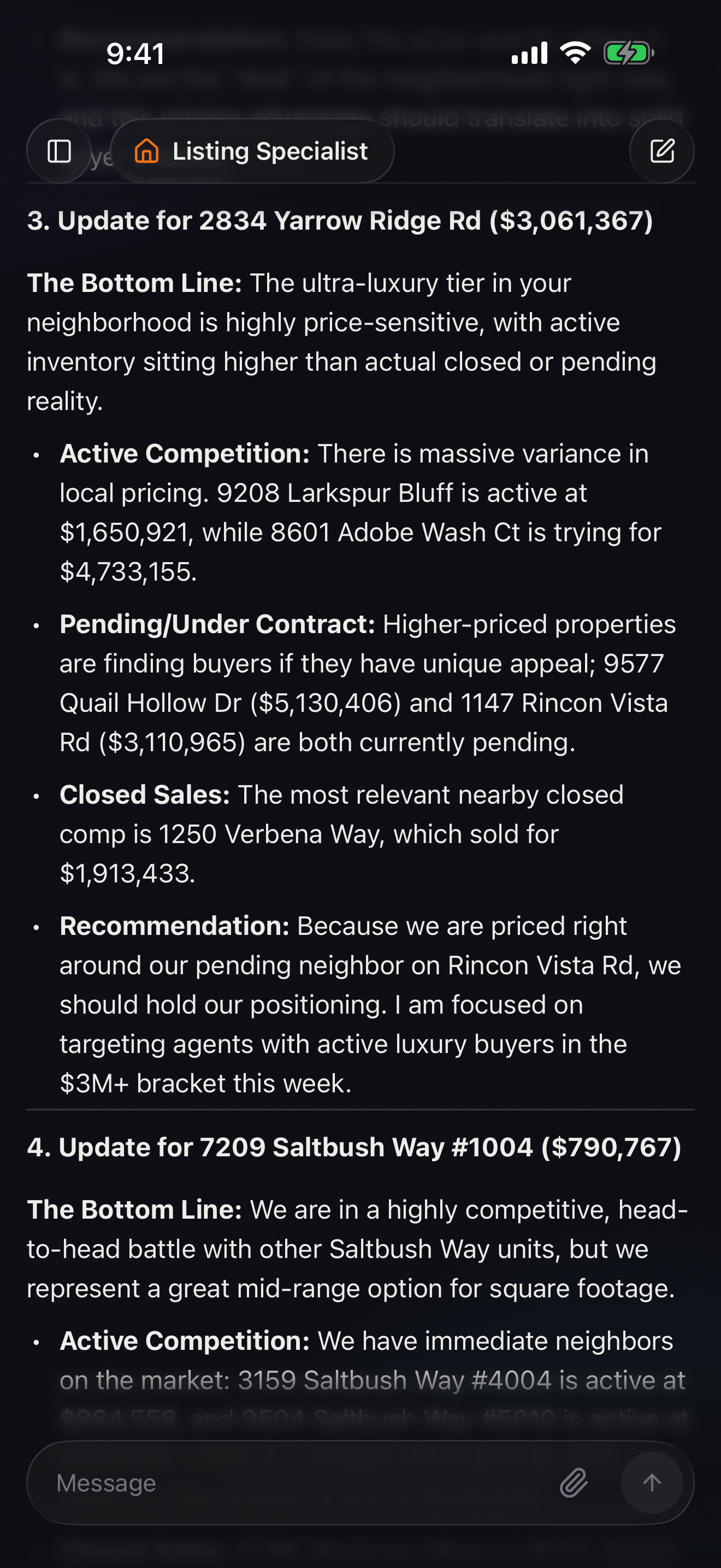 RealTalk's drafted seller update for one listing: a headline ('The Bottom Line') followed by the supporting detail — active competition, nearby pendings, recent closed comps, and a recommendation.