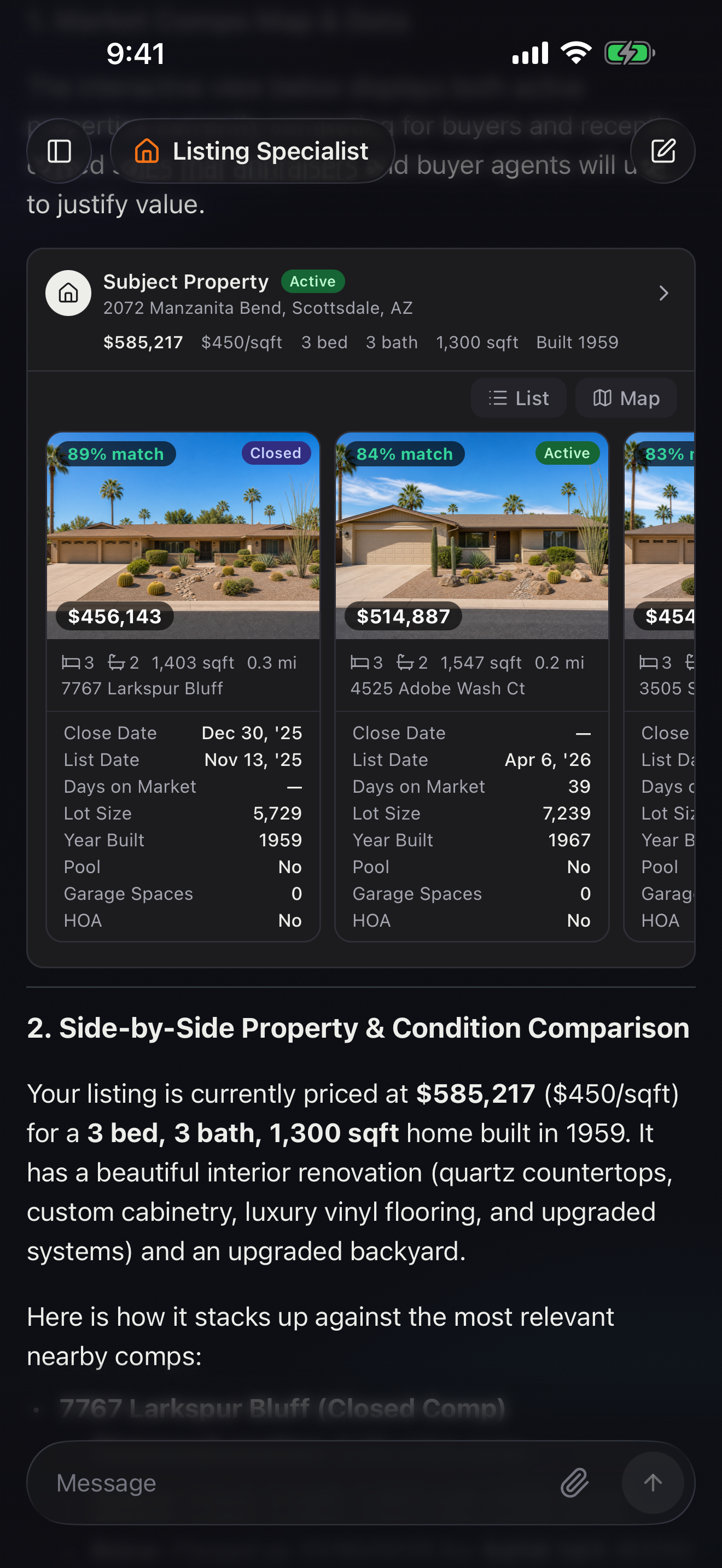 RealTalk's comps result for a listing, showing both active (on-market) and sold/closed comparables side by side with photos, prices, days on market, and an Active/Closed status badge on each.
