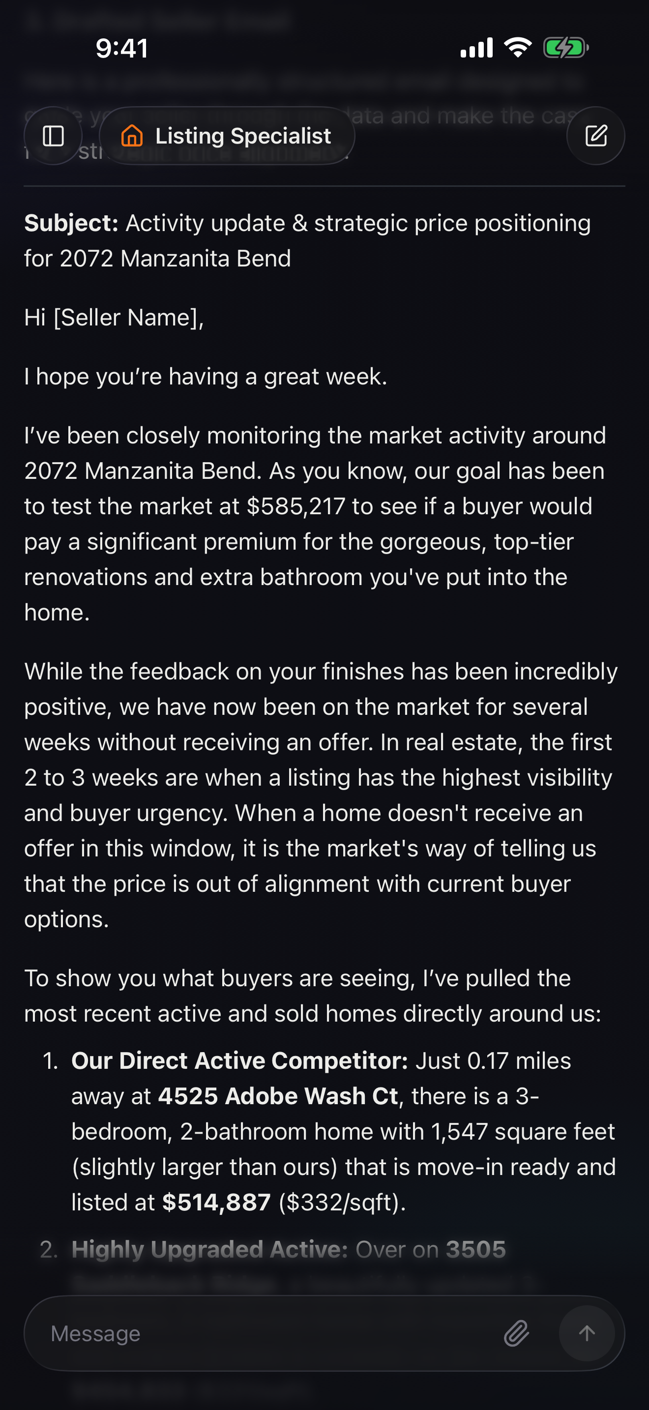 RealTalk's drafted seller email making the case for a price reduction: it leads with the market reality from the comps and closes with a clear recommendation and a next step.