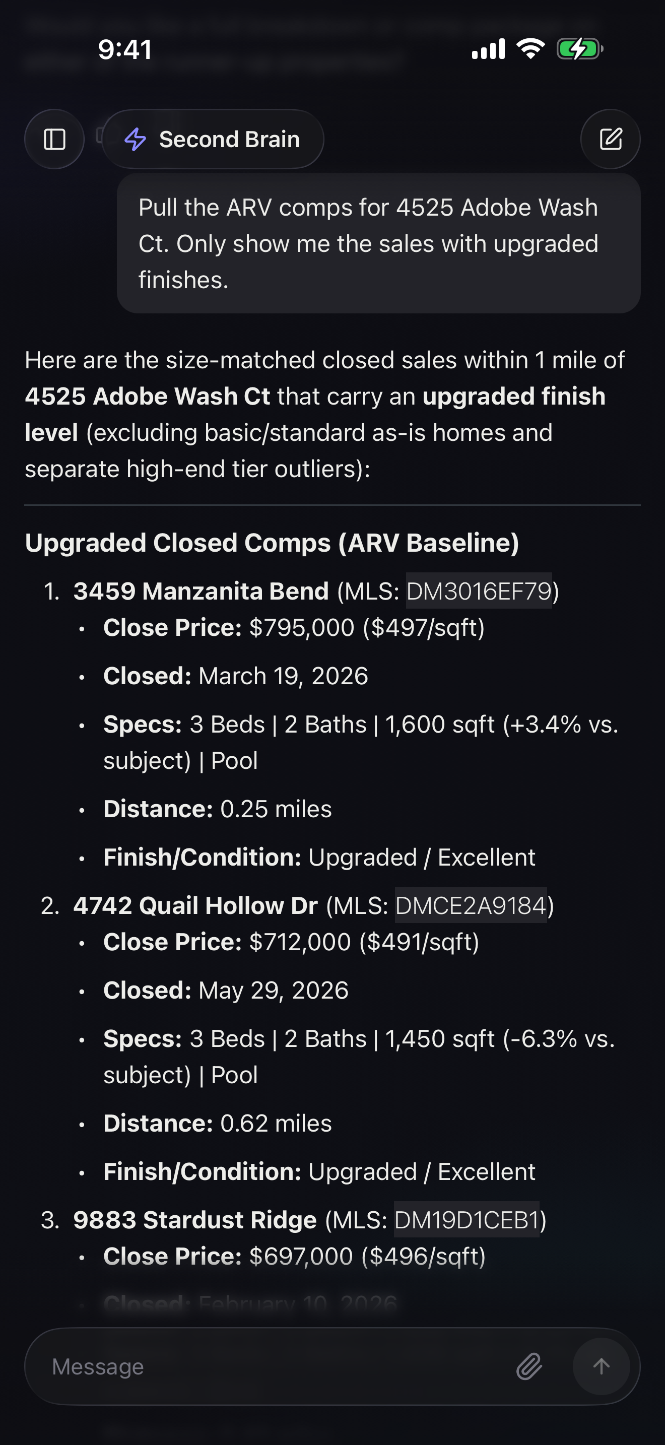 The upgraded-only comp set for 4525 Adobe Wash Ct, with the prompt visible above it. Each comp lists close price and price per square foot (3459 Manzanita Bend at $795,000 / $497, 4742 Quail Hollow Dr at $712,000 / $491, 9883 Stardust Ridge at $697,000 / $496), plus close date, specs, distance from the subject, and its upgraded / excellent grade.