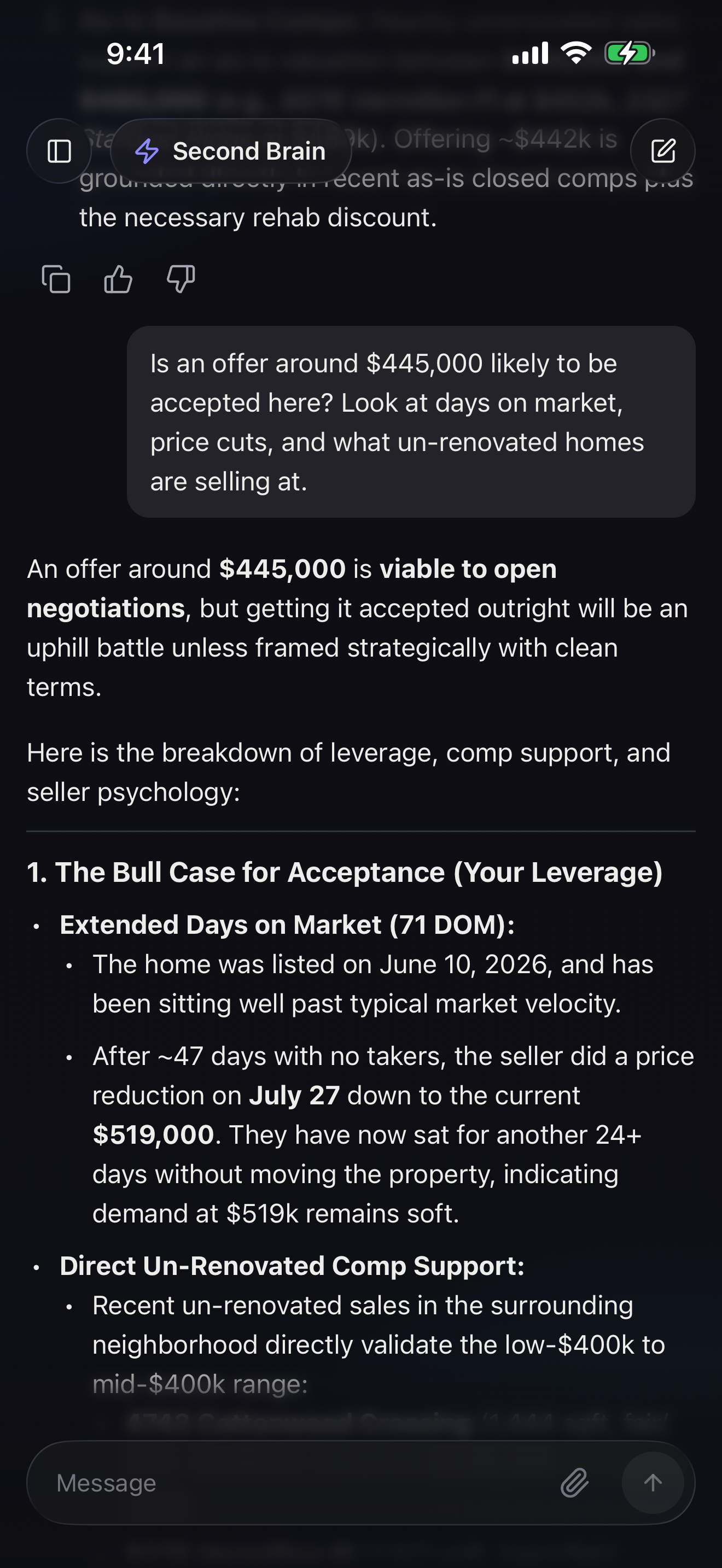 RealTalk's read on whether $445,000 gets accepted, with the prompt visible above it: the verdict that it is viable to open negotiations but an uphill battle to have accepted outright, then the leverage supporting it, including 71 days on market, the July price cut down to $519,000, and the un-renovated closings nearby that validate the low-to-mid $400s.