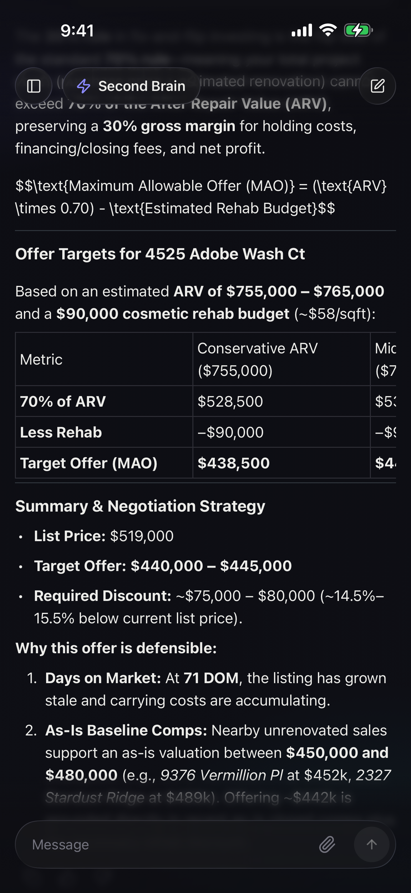 RealTalk's 30% rule answer: the maximum allowable offer formula, then a table running it at each end of the ARV range (70% of $755,000 = $528,500, less a $90,000 rehab budget, for a $438,500 target offer), closing with a target of $440,000 to $445,000 and the roughly 14.5% to 15.5% discount that implies against the $519,000 list.