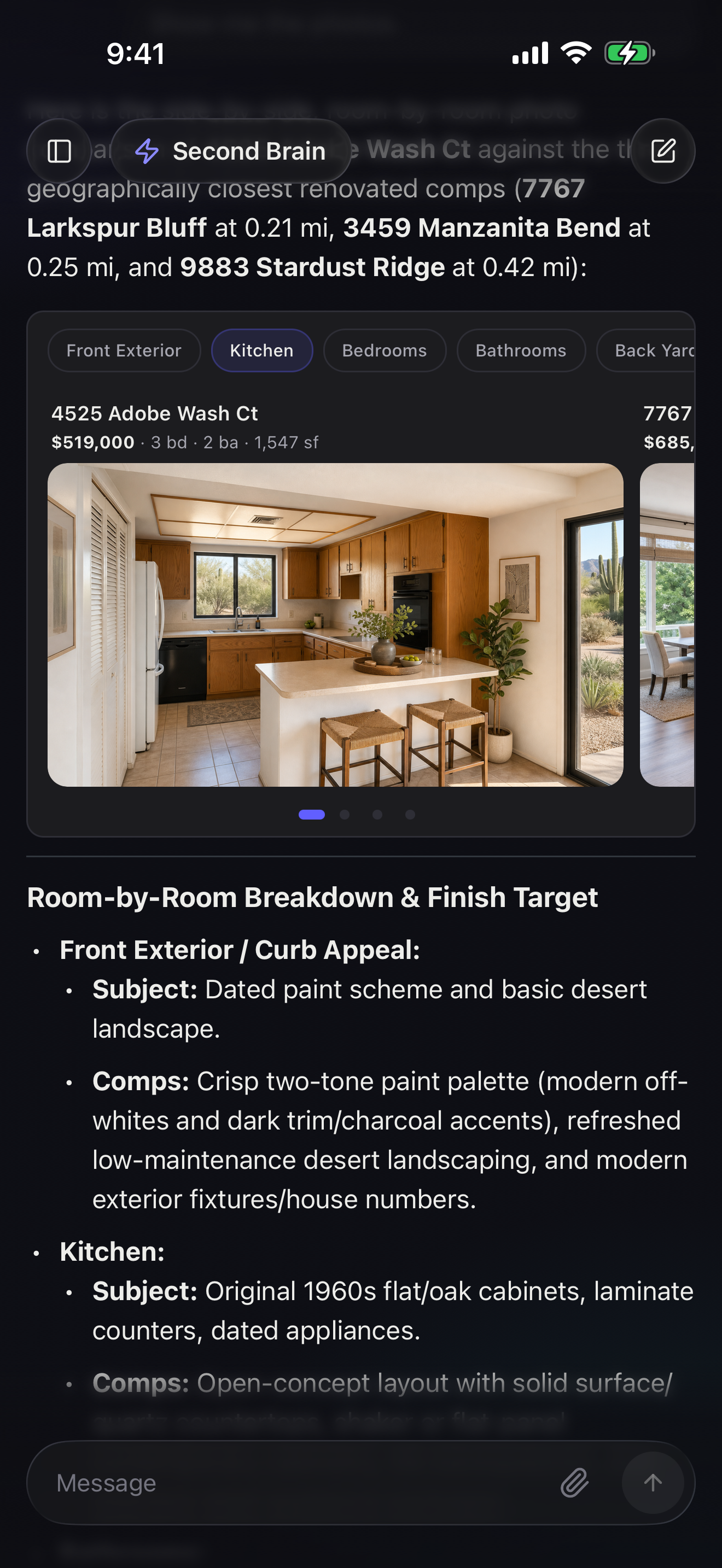 The side-by-side photo comparison on the Kitchen tab, showing 4525 Adobe Wash Ct's dated oak-and-laminate kitchen next to the renovated comps, with room tabs for Front Exterior, Kitchen, Bedrooms, Bathrooms, and Back Yard, and RealTalk's written room-by-room read of the subject against the comps underneath.